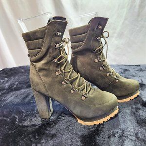 Green Faux Suede Lace-up 4" Block Heel Ankle Booties